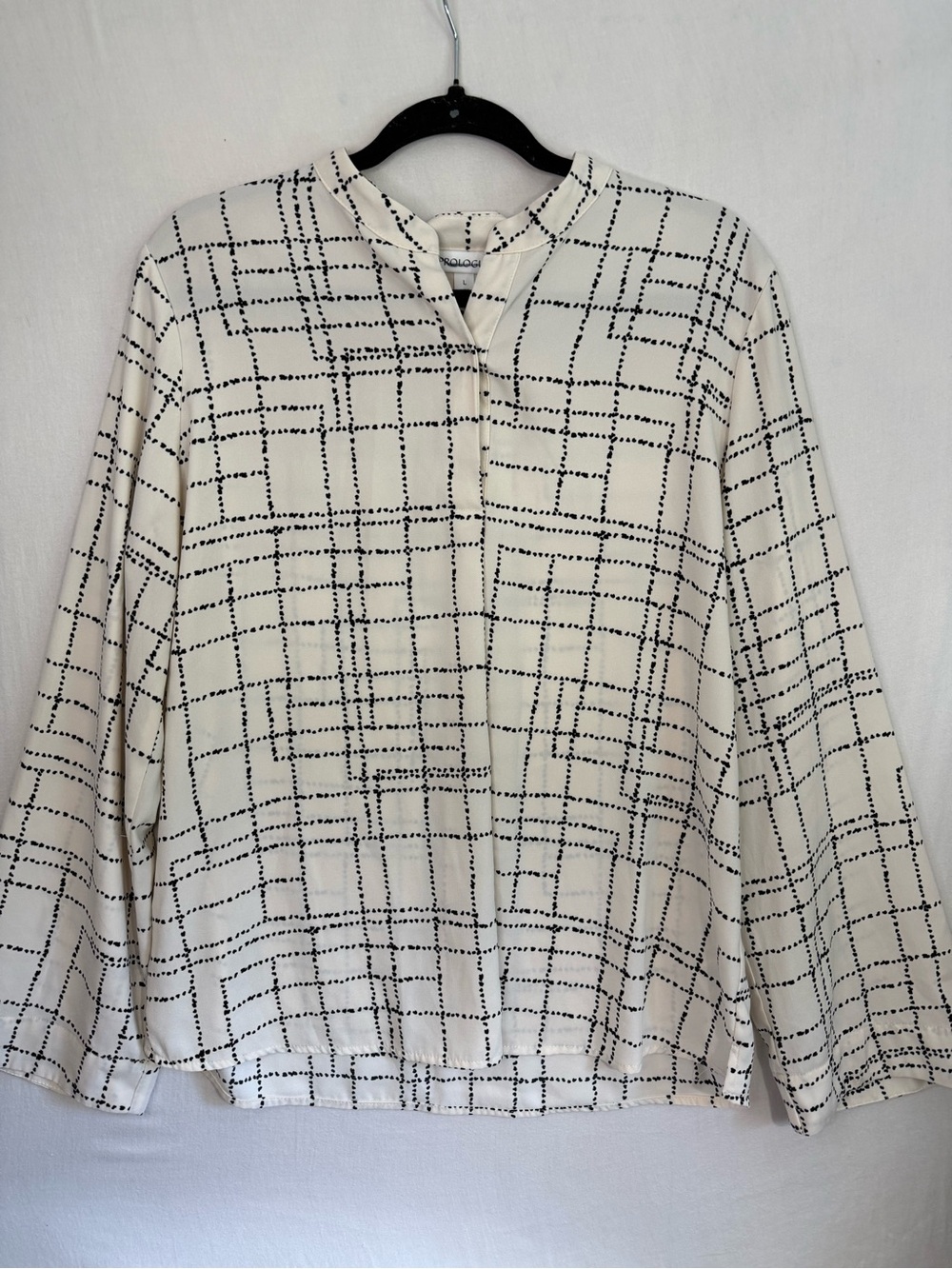 Women's Prologue Cream Button-Down Grid-Print Shirt Size L